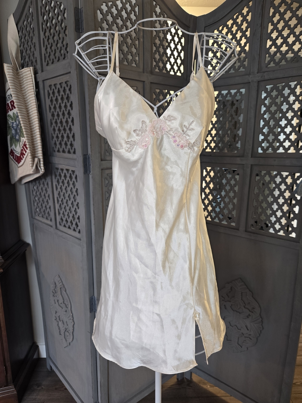 Vintage Secret Treasures Ivory Satin Slip with Pink Floral Embroidery
